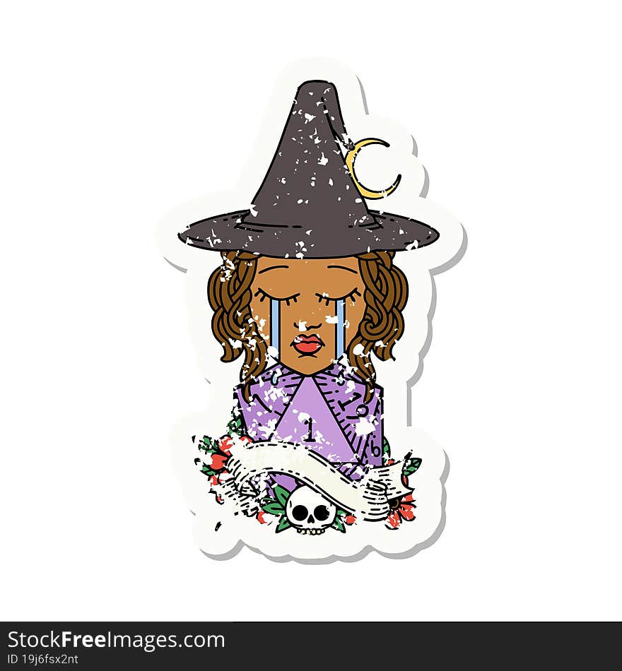 Retro Tattoo Style crying human witch with natural D20 roll. Retro Tattoo Style crying human witch with natural D20 roll