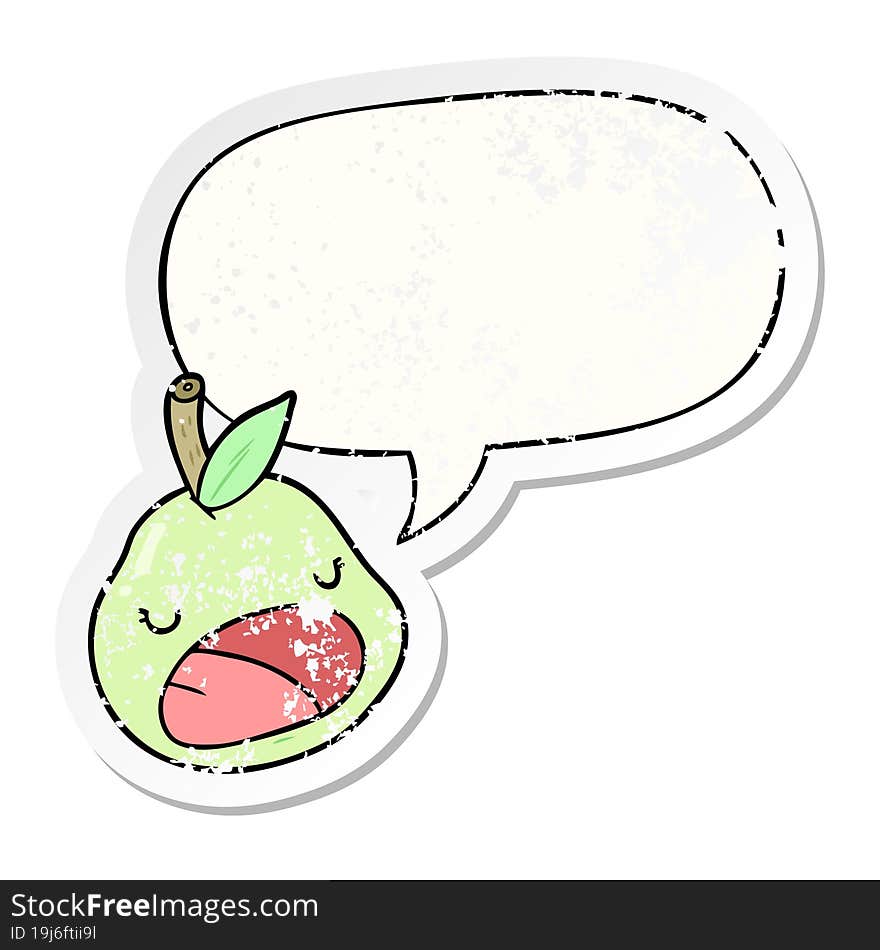 cute cartoon pear and speech bubble distressed sticker