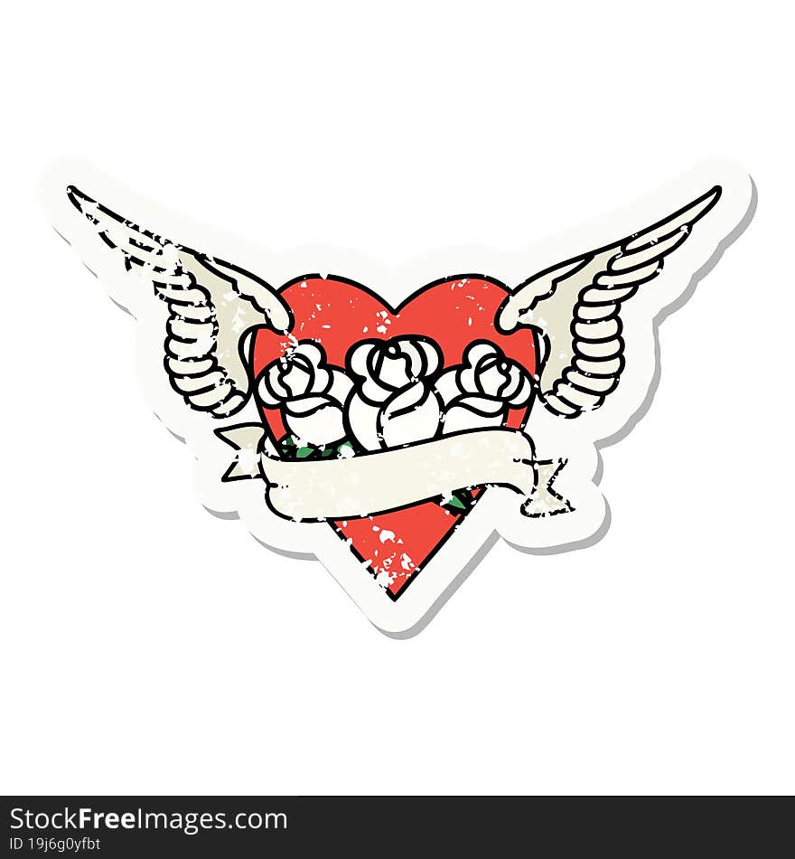 traditional distressed sticker tattoo of a heart with wings flowers and banner