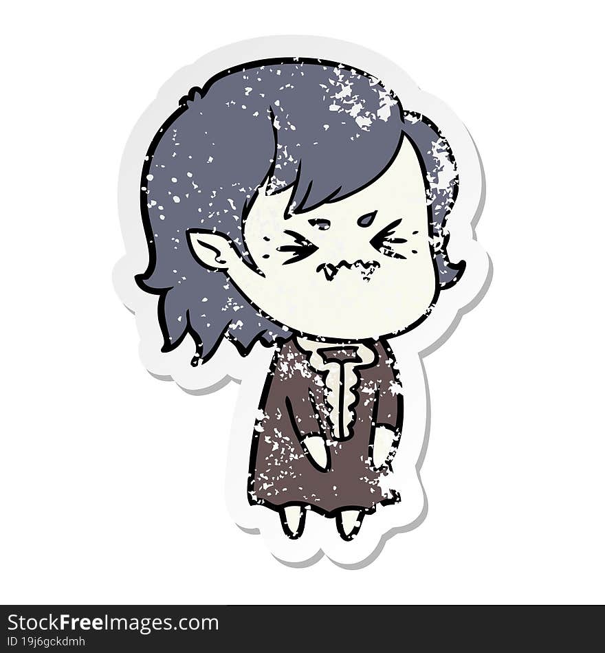 Distressed Sticker Of A Annoyed Cartoon Vampire Girl