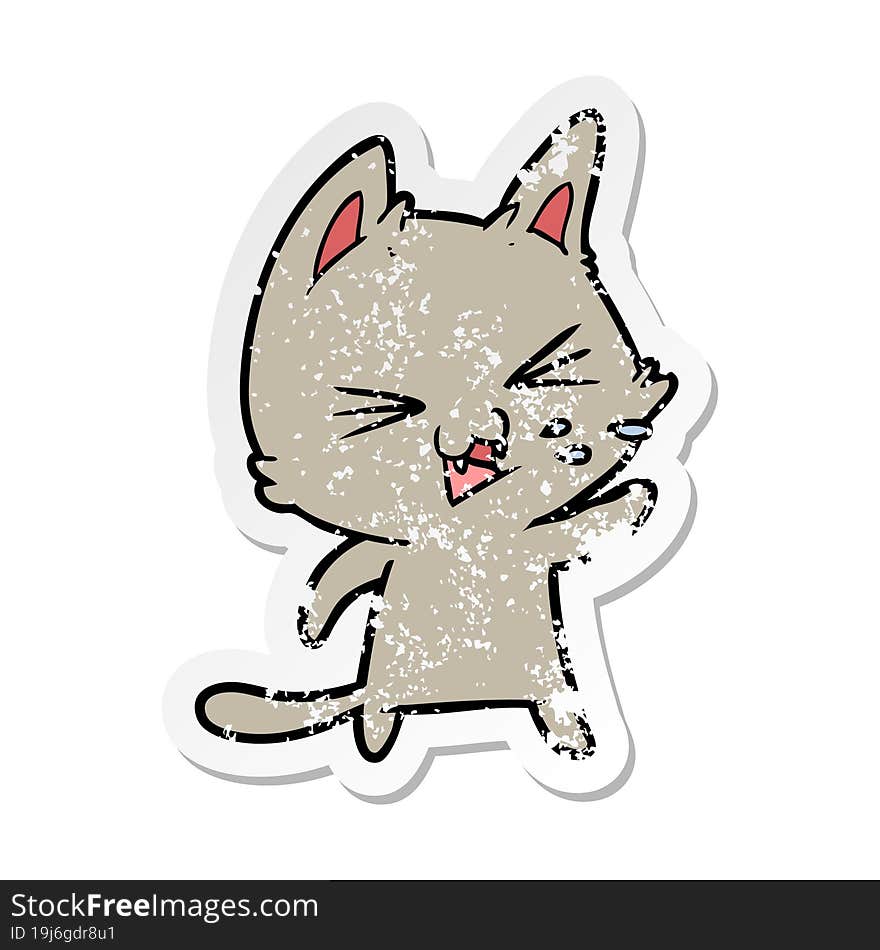 distressed sticker of a cartoon cat hissing