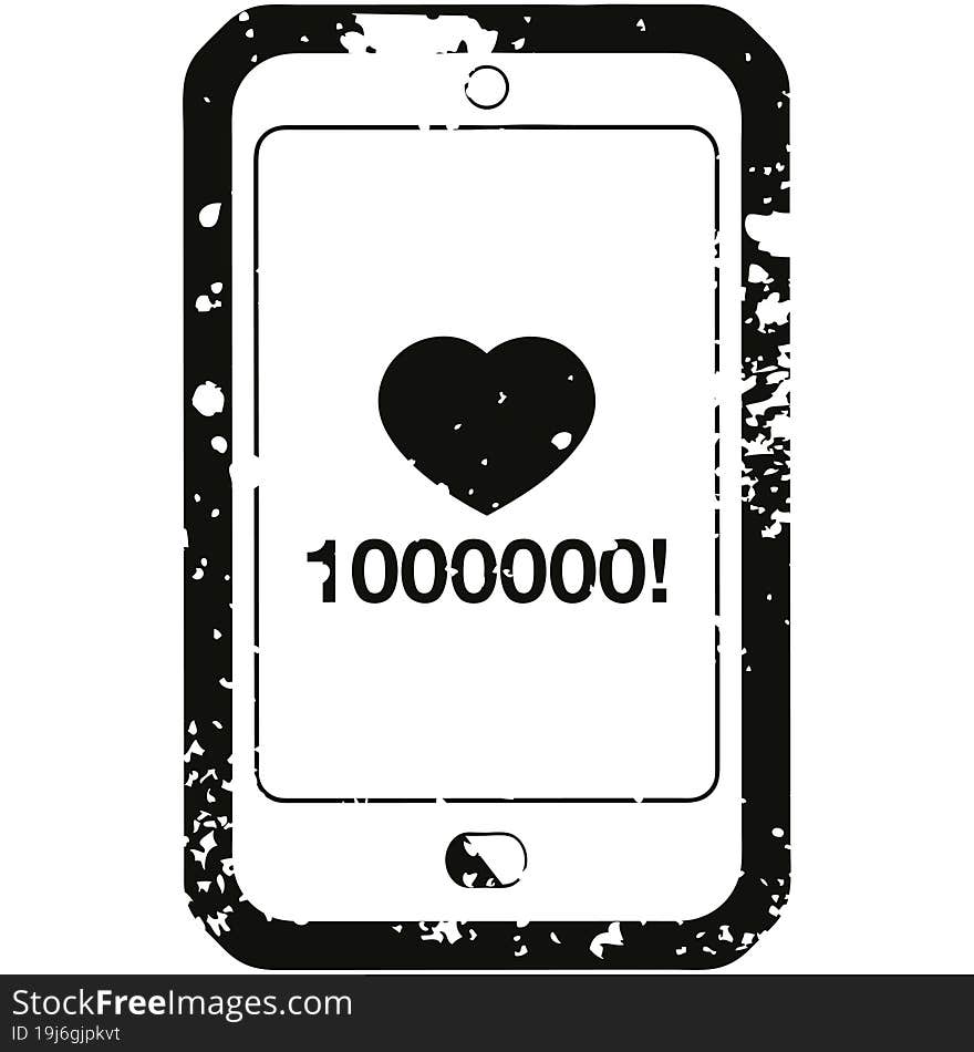 Distressed effect mobile phone showing 1000000 likes graphic icon