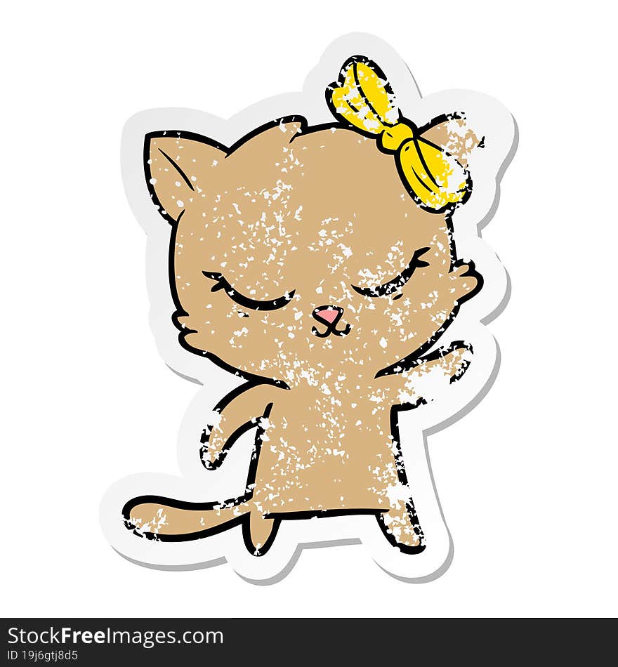 distressed sticker of a cute cartoon cat with bow