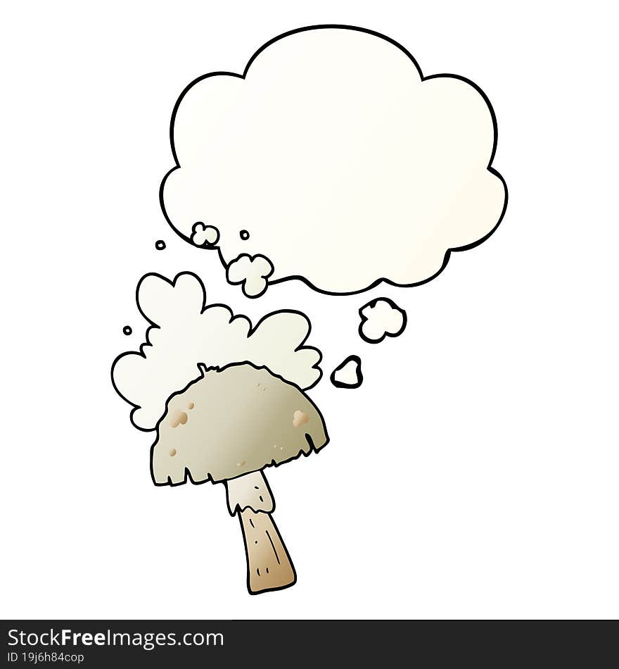 cartoon mushroom with spore cloud and thought bubble in smooth gradient style