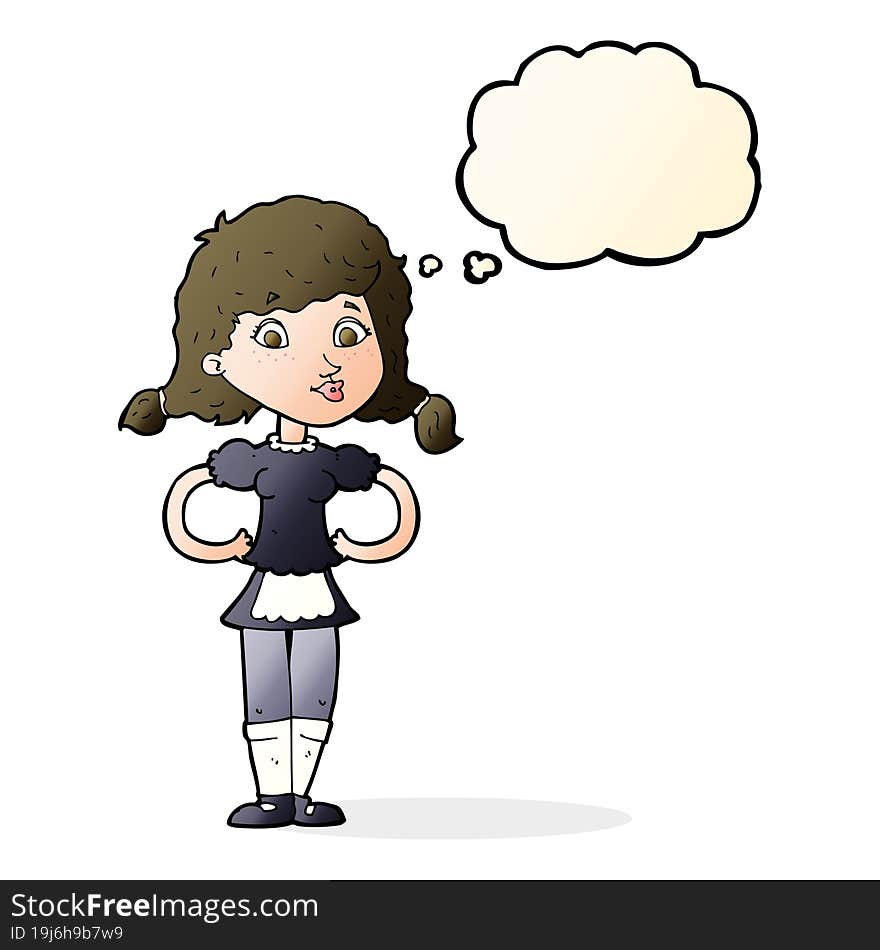 Cartoon Happy Waitress Woman With Thought Bubble