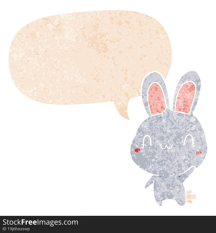 cartoon rabbit waving and speech bubble in retro textured style