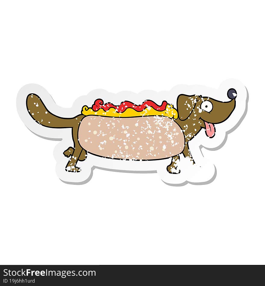 distressed sticker of a cartoon hotdog