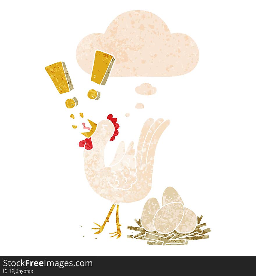 cartoon chicken laying egg with thought bubble in grunge distressed retro textured style. cartoon chicken laying egg with thought bubble in grunge distressed retro textured style