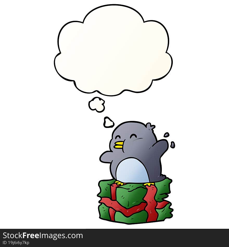 cartoon penguin on present with thought bubble in smooth gradient style