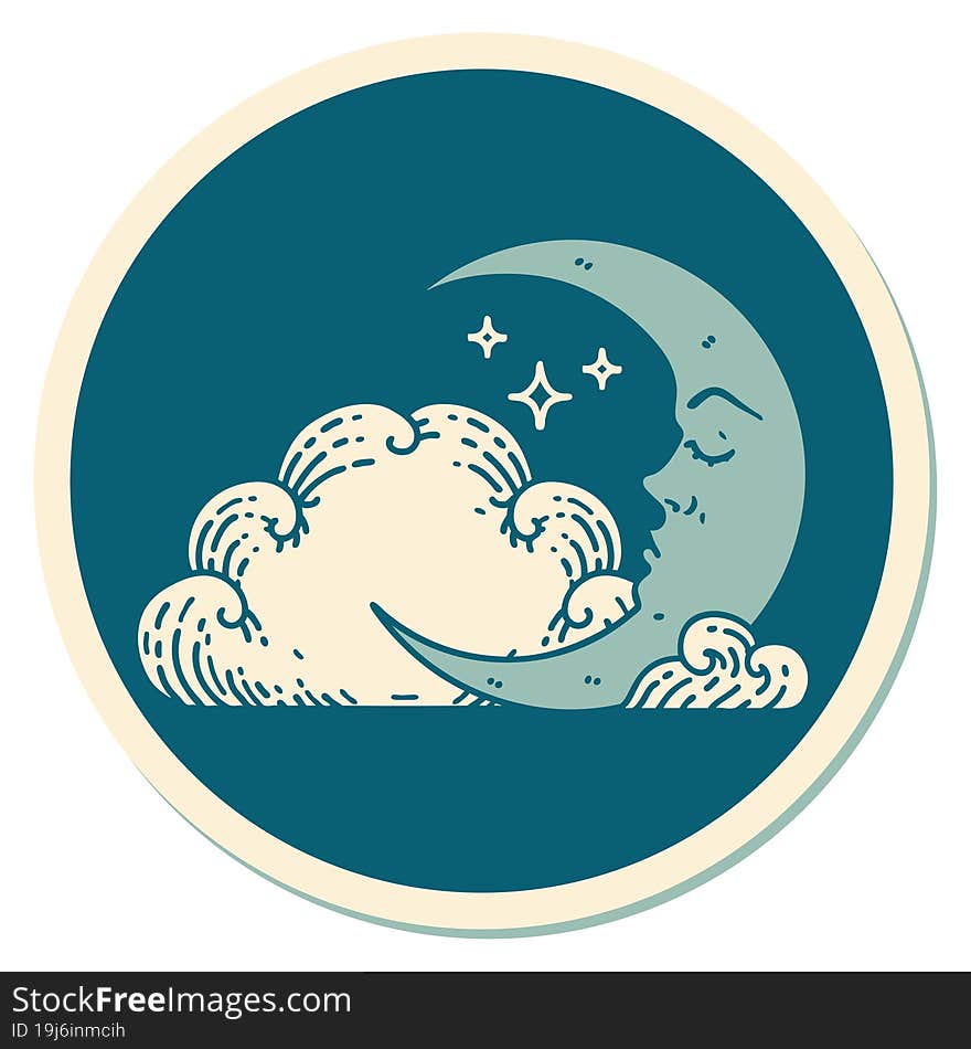 tattoo style sticker of a crescent moon and clouds