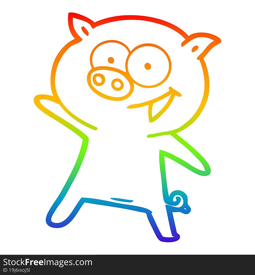 Rainbow Gradient Line Drawing Cheerful Dancing Pig Cartoon