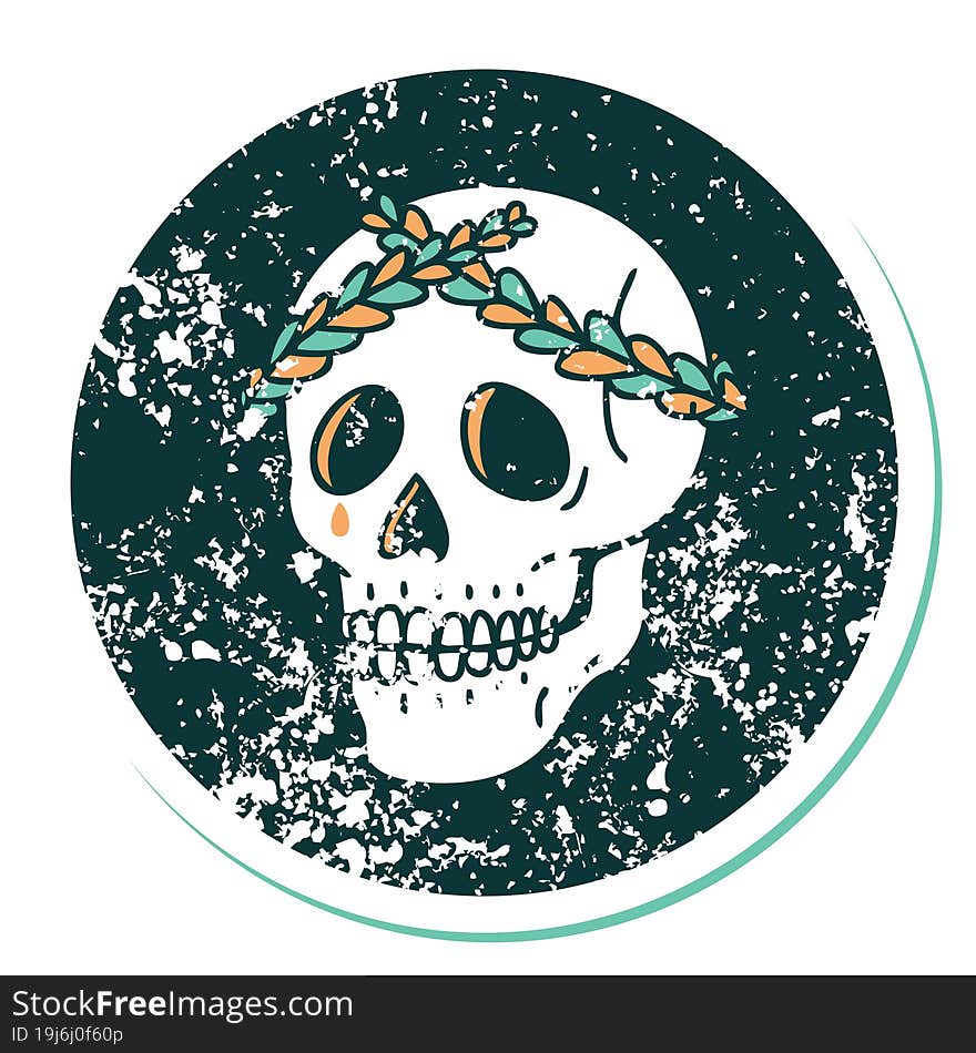 Distressed Sticker Tattoo Style Icon Of A Skull With Laurel Wreath Crown