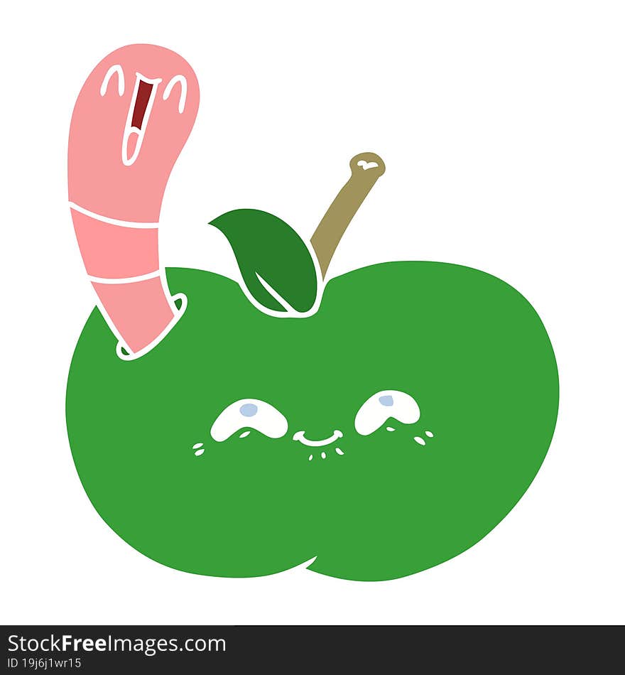 flat color style cartoon worm in happy apple