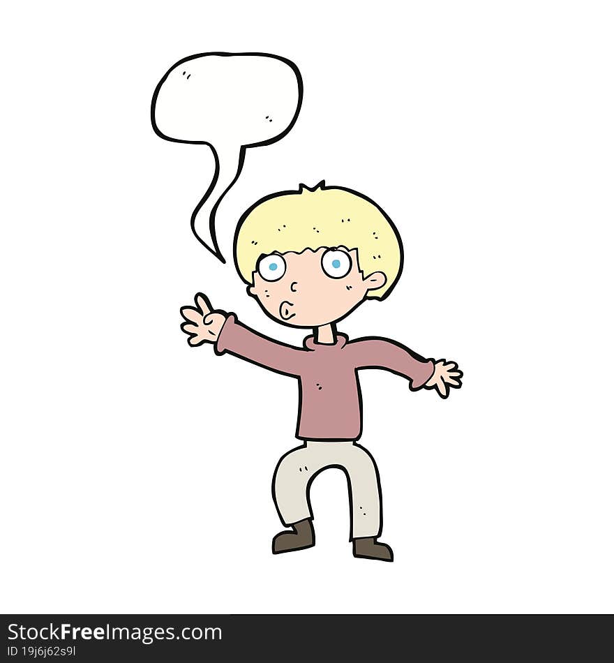 cartoon boy waving warning with speech bubble