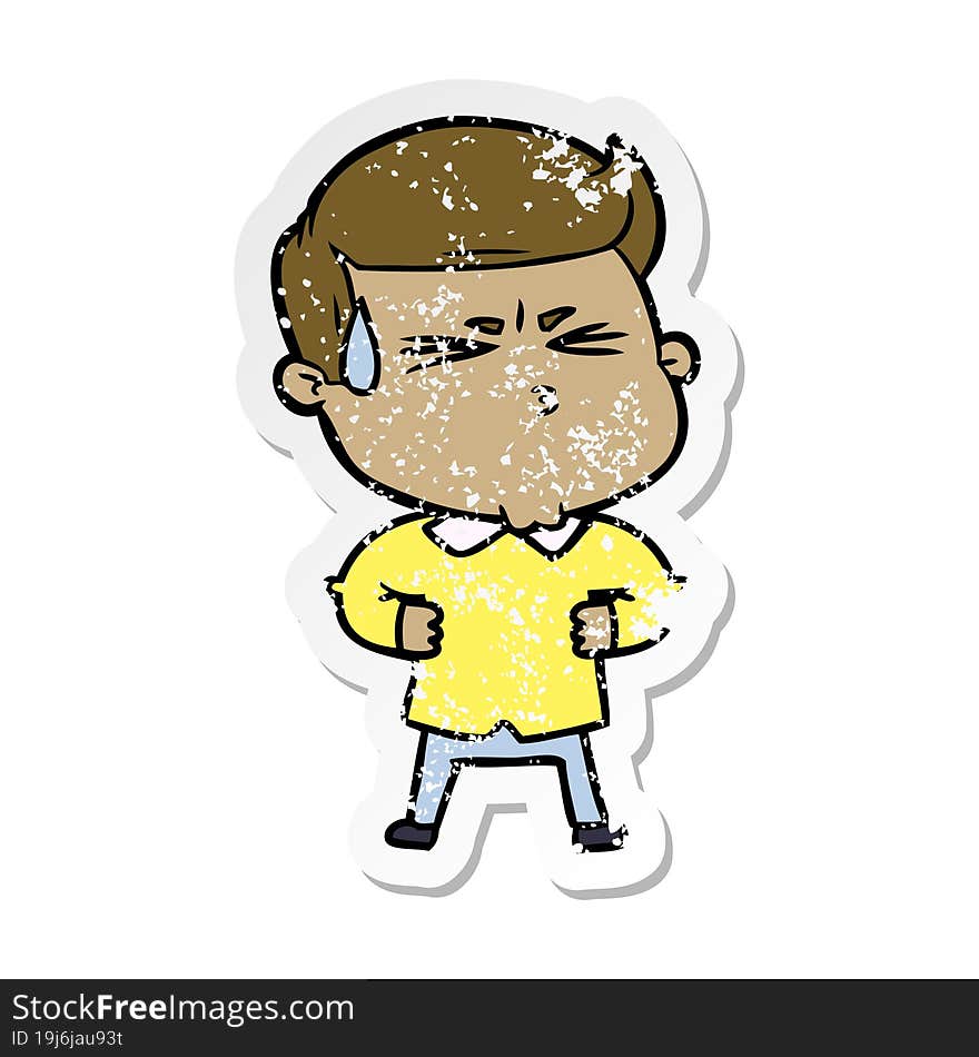 Distressed Sticker Of A Cartoon Man Sweating