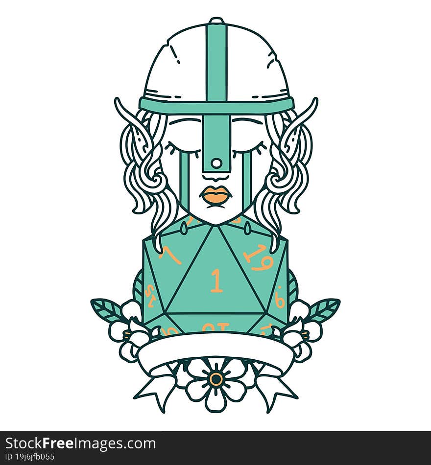 crying elf fighter character face with natural one D20 roll illustration