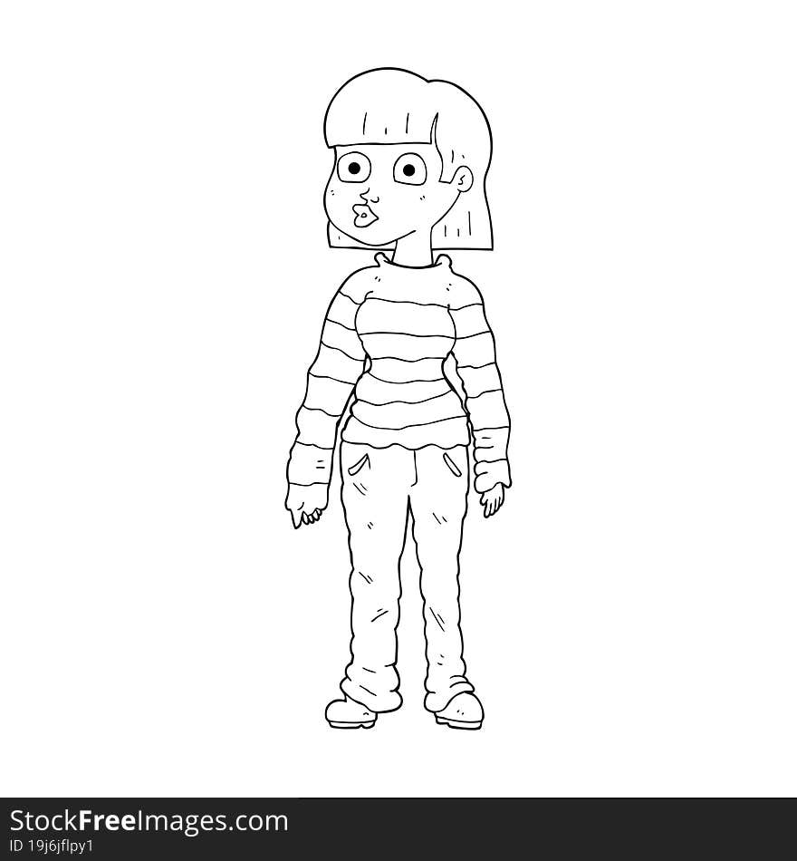 black and white cartoon woman in casual clothes