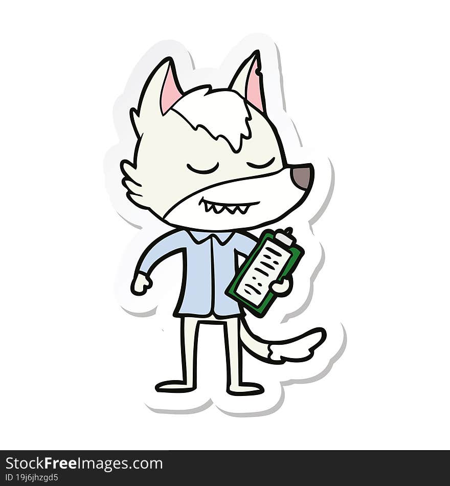 sticker of a friendly cartoon wolf with notes