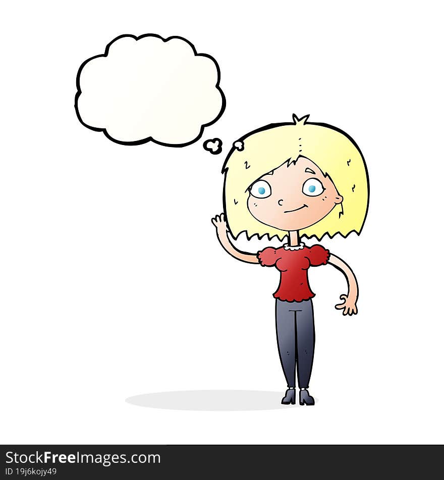 cartoon woman waving with thought bubble