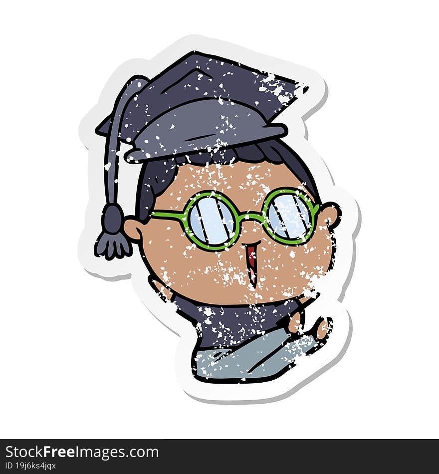 distressed sticker of a cartoon graduate wearing spectacles