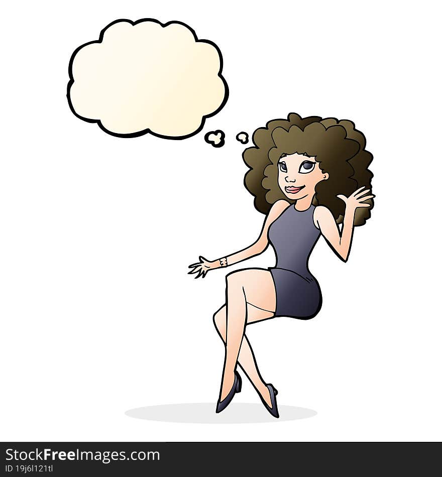 cartoon sitting woman waving with thought bubble