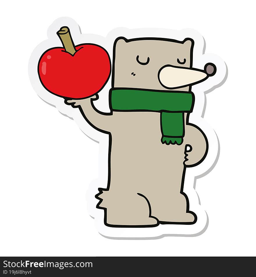 Sticker Of A Cartoon Bear With Apple