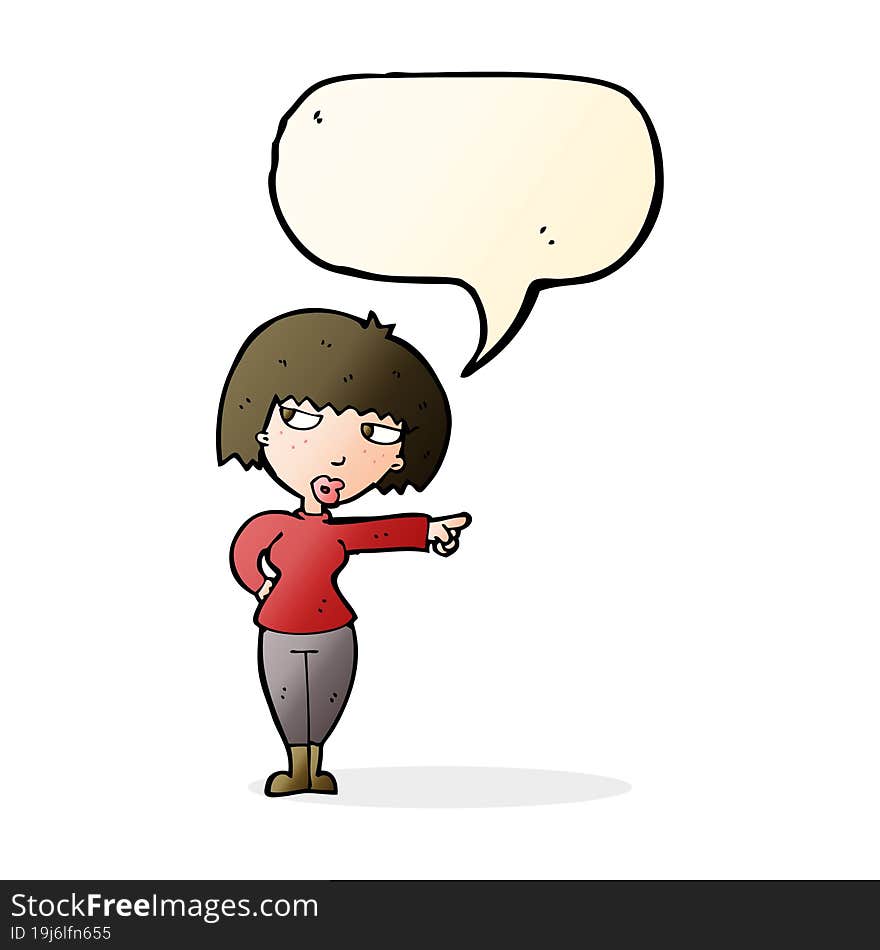 cartoon annoyed woman pointing with speech bubble