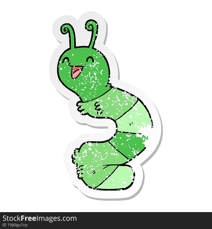 distressed sticker of a cartoon happy caterpillar