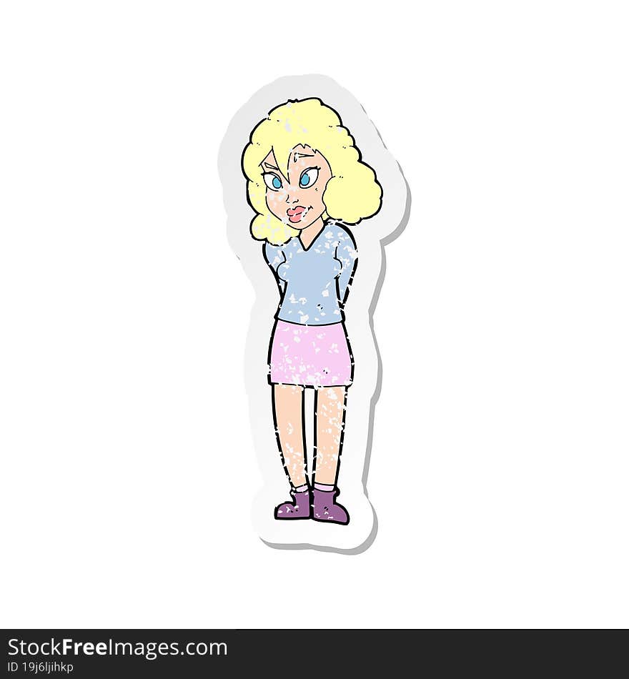 retro distressed sticker of a cartoon confused woman