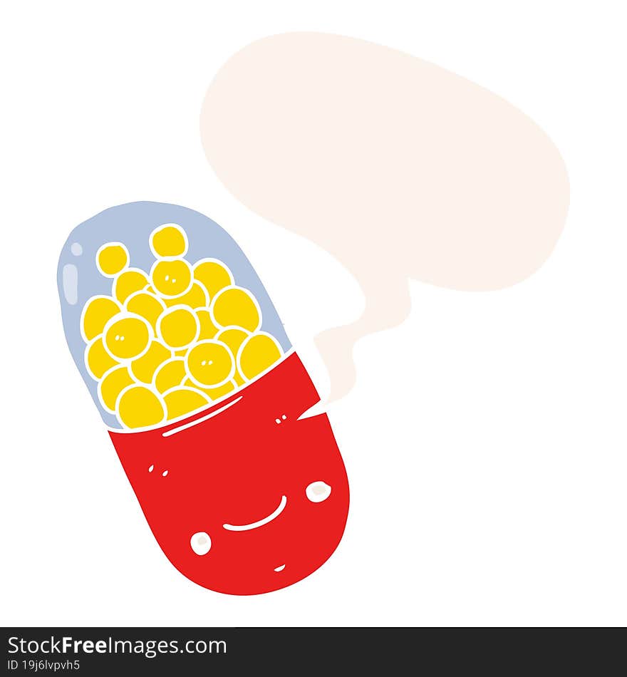 cartoon pill and speech bubble in retro style