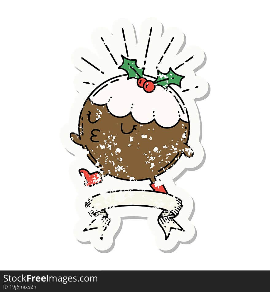 grunge sticker of tattoo style christmas pudding character walking