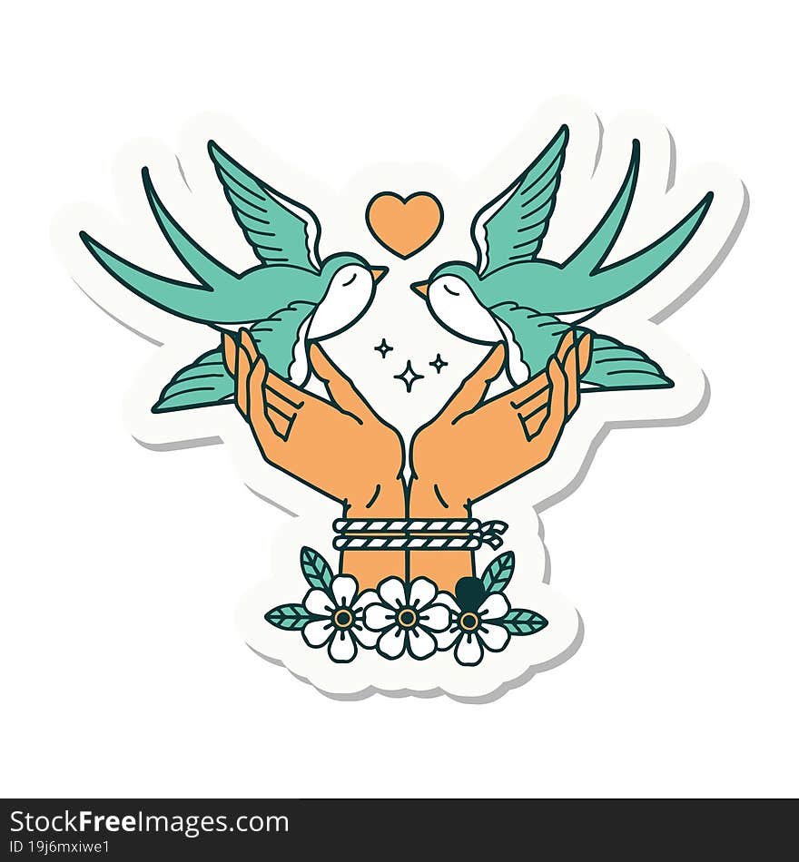 tattoo style sticker of a tied hands and swallows