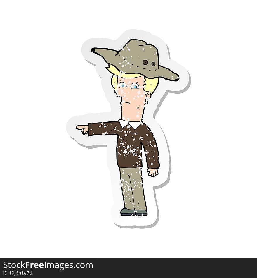 retro distressed sticker of a cartoon pointing man wearing hat