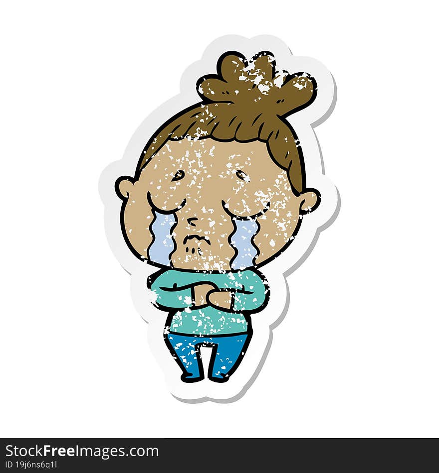 distressed sticker of a cartoon crying woman