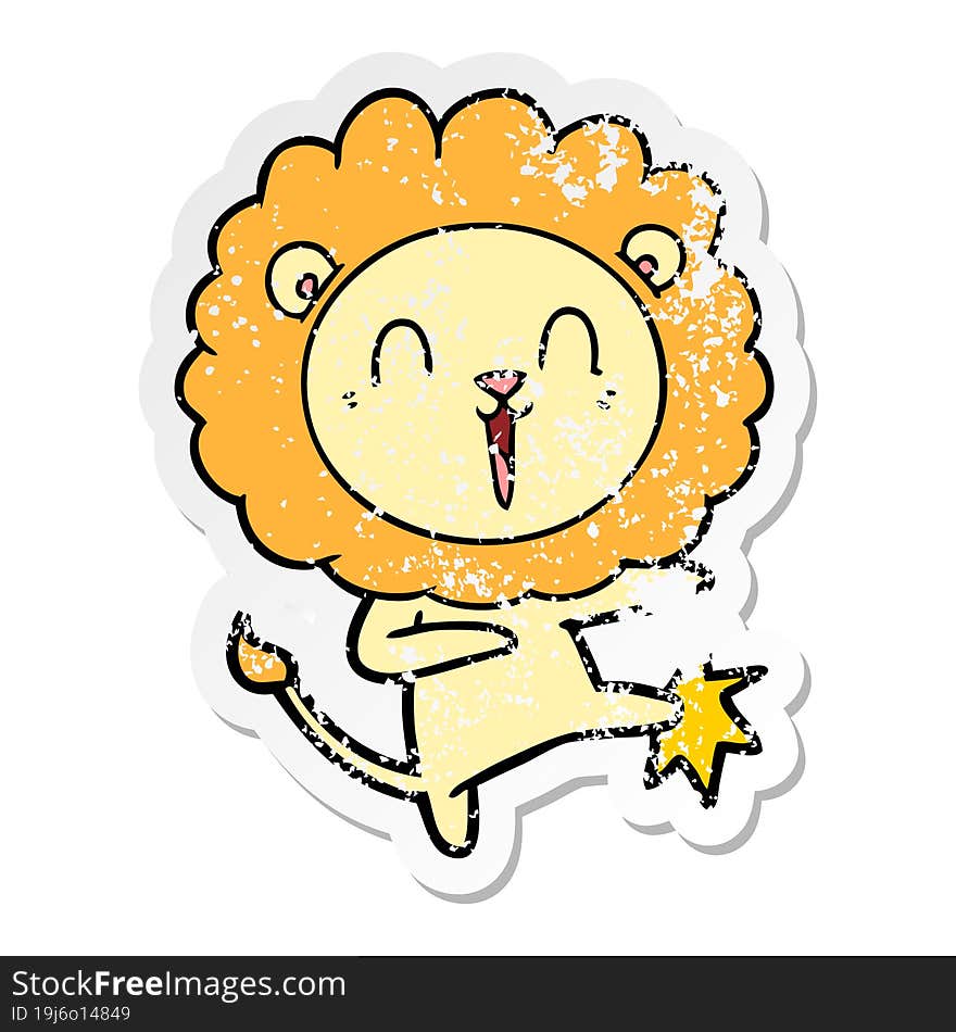 Distressed Sticker Of A Laughing Lion Cartoon