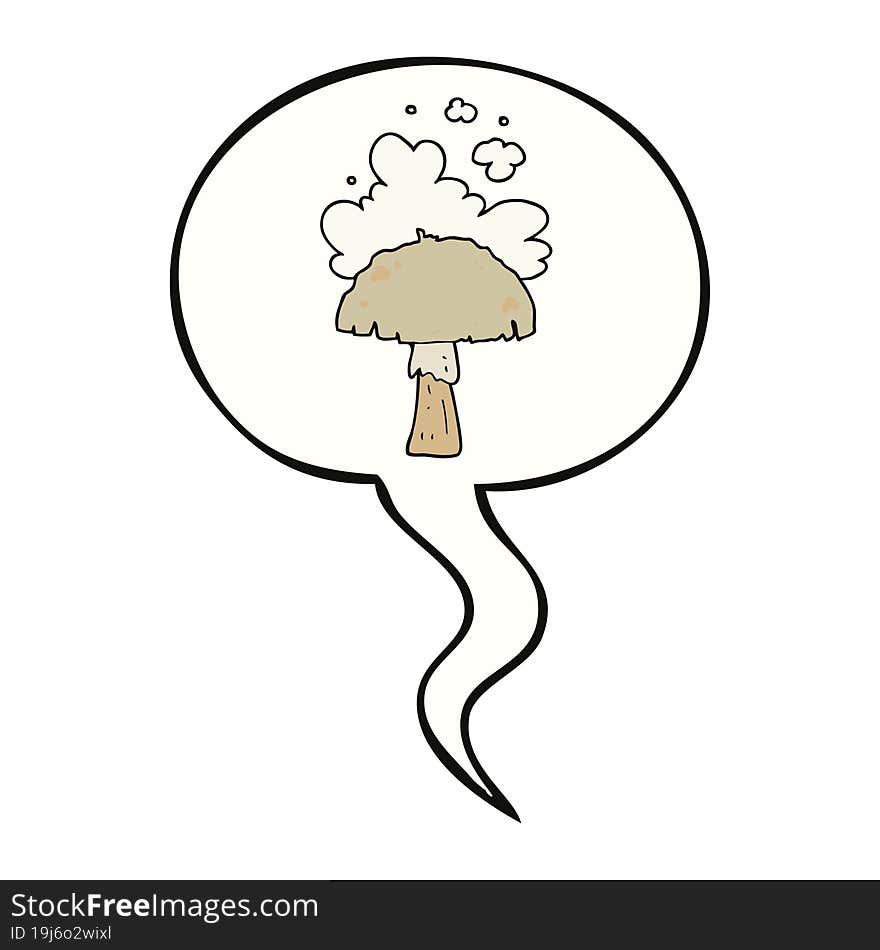 cartoon mushroom with spore cloud with speech bubble. cartoon mushroom with spore cloud with speech bubble