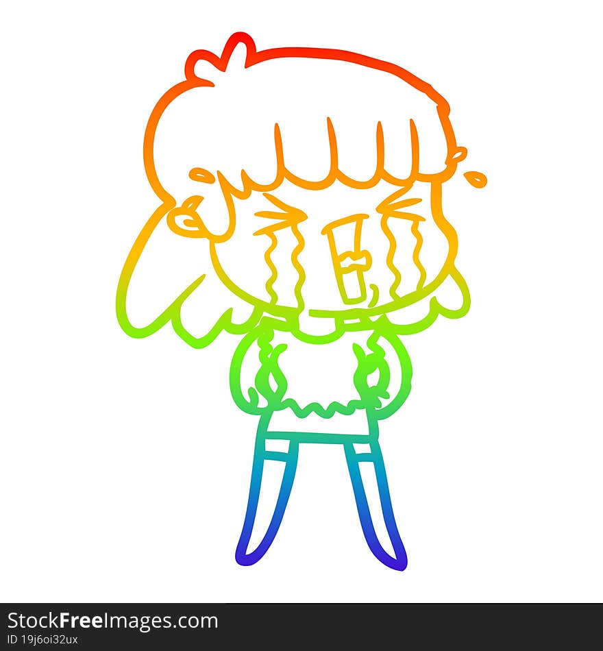 Rainbow Gradient Line Drawing Cartoon Woman Crying