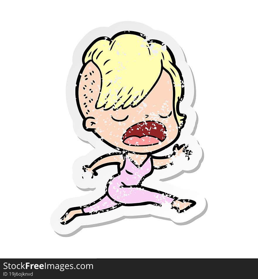 distressed sticker of a cartoon cool hipster girl talking