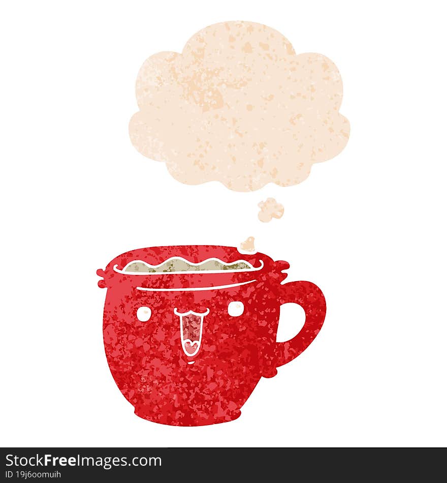 cute cartoon coffee cup and thought bubble in retro textured style