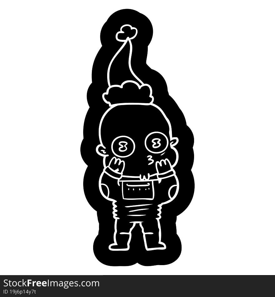 cartoon icon of a weird bald spaceman wearing santa hat