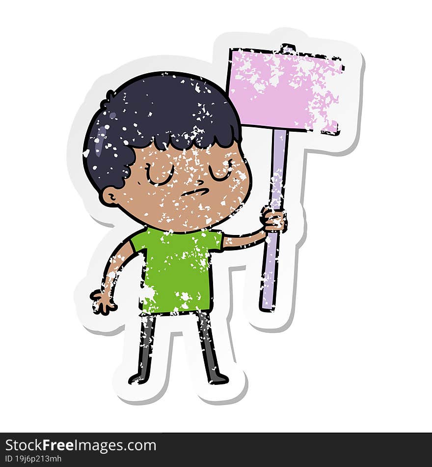 distressed sticker of a cartoon grumpy boy with placard