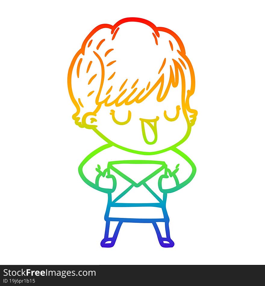 rainbow gradient line drawing of a cartoon woman talking