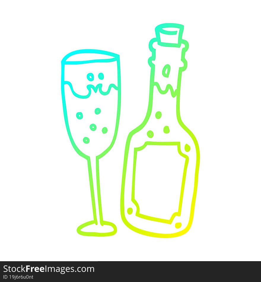 cold gradient line drawing cartoon champagne bottle and glass