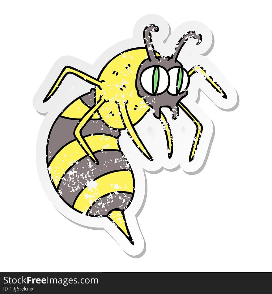 distressed sticker of a quirky hand drawn cartoon wasp