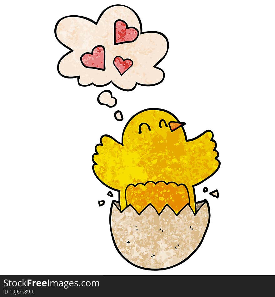 Cute Hatching Chick Cartoon And Thought Bubble In Grunge Texture Pattern Style