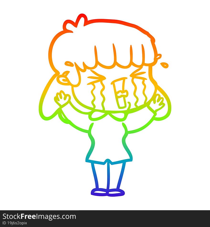 rainbow gradient line drawing cartoon woman in tears