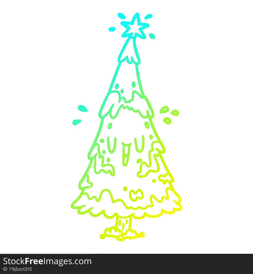 cold gradient line drawing of a snowy christmas tree with happy face