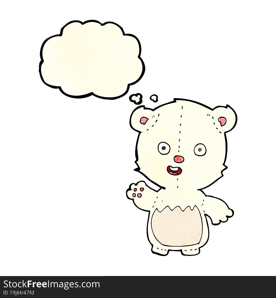 cartoon waving polar bear cub with thought bubble