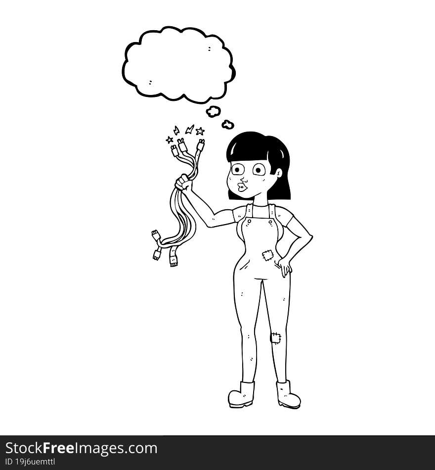 freehand drawn thought bubble cartoon female electrician