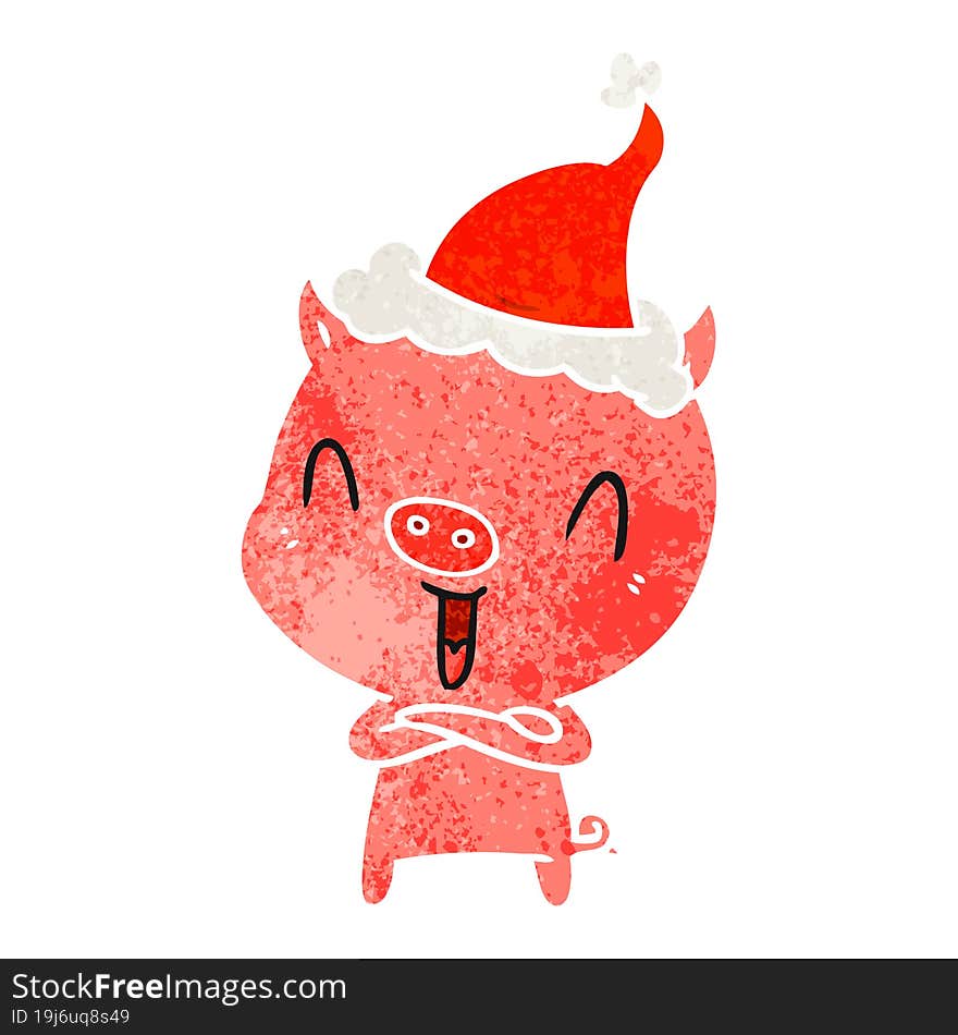 happy retro cartoon of a pig wearing santa hat